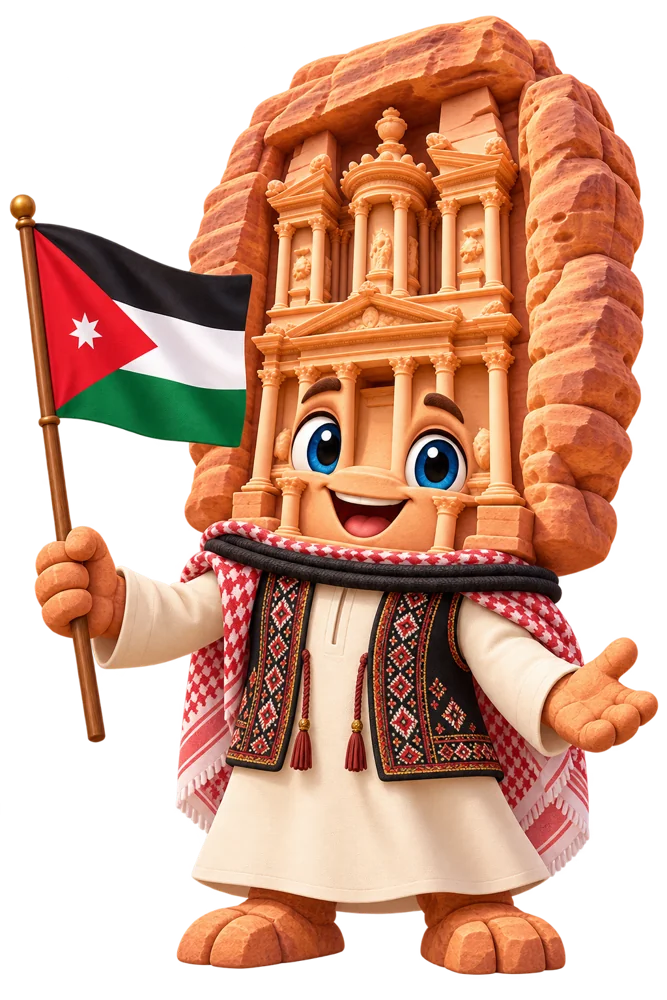 شخصية كرتونية مستوحاة من الخزنة في البتراء بلبس الأردن وماسكة علمها